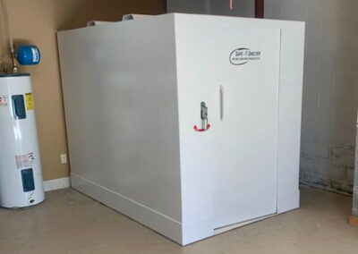 Concrete above ground storm shelters commonly installed in new housing developments to protect residents from high wind events.